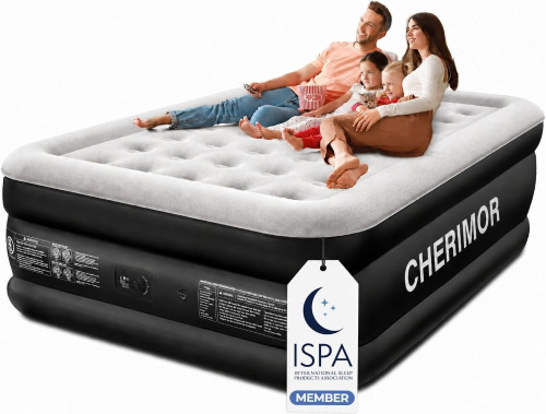 CHERIMOR Queen Air Mattress with Built-in Pump 18in, Upgraded 40 Air-Coil | 48Hr Leak-Proof Test, Upgraded Honeycomb Pillar, Supports 800 lbs, 3-Min Inflation Blow Up Matress for Home Guests & Camping Similar to Picture On Working $199