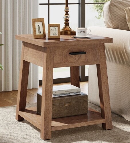 Millwood Pines Side Table with Drawer, 2 -Tier Wooden End Table with Shelf Storage New In Box $299