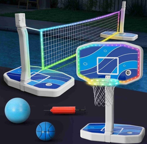 Jocoevol 2 in 1 Pool Basketball Hoop and Volleyball Net Set LED Light Up Swimming Pool Basketball Hoop Poolside Basketball Goal Outdoor for Teens Adults Pool Toys Pool Games Activities New In Box $199