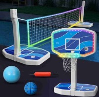 Jocoevol 2 in 1 Pool Basketball Hoop and Volleyball Net Set LED Light Up Swimming Pool Basketball Hoop Poolside Basketball Goal Outdoor for Teens Adults Pool Toys Pool Games Activities New In Box $199