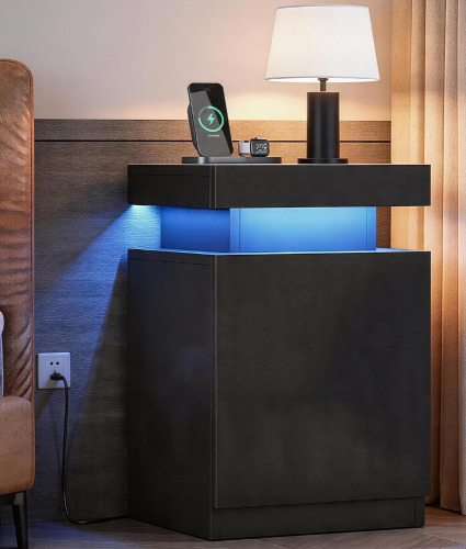 OneBlis 17.7 Inches LED Night Stand with Power Outlets, Bedside Table with Sliding Top Storage, Modern End Table for Bedroom, Black $299