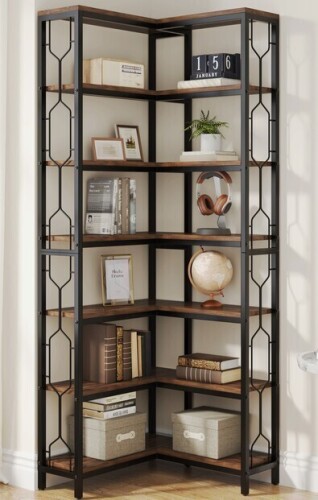 Latitude Run 79" Wood & Metal Corner Bookcase Bookshelf 7-Tier Freestanding Storage Shelves $299
