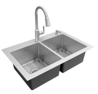 American Standard Raviv&trade; RAVIV PULL-DOWN FAUCET AND 32-INCH STAINLESS STEEL DOUBLE-BOWL KITCHEN SINK KIT New Shelf Pull $499