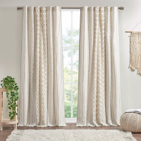 INK+IVY Imani 100% Cotton Printed Boho Curtain Panel (Pair) with Tufted Chenille Stripe and Lining, 50" W x 84" L New $79
