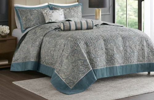 Madison Park 5pc Queen Charlotte Jacquard Bedspread Set with Throw Pillows Dark Teal Blue New In Box $299