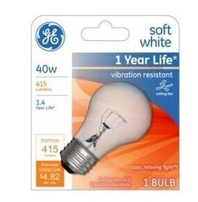 GE 40 Watt 415 Lumens Soft White Ceiling Fan Incan Bulb New In Box