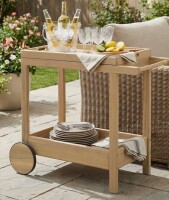 NFusion Rowan Modern Coastal Acacia Wood Outdoor Rolling Bar Cart with Removable Tray and Two-Tier Storage Shelf New In Box $299