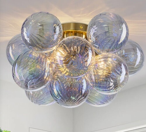 Mercer41 3-Light Dimmable Semi Flush Mount Ceiling Light With Smoky Gray & Colorful Swirled Glass Globe Bubbles New In Box $299