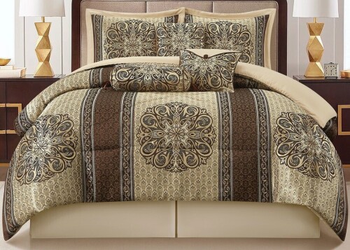 Lanco 7-Pieces Brown Navy Medallion Comforter Bedding Sets, King New In Box $299
