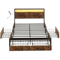 17 Stories Antioch Modern Bed Frame with 4 Drawers and Open Storage Headboard, Adjustable LED Light and Charging Station, No Box Spring Needed, King Size, Rustic Brown, New in Box $799