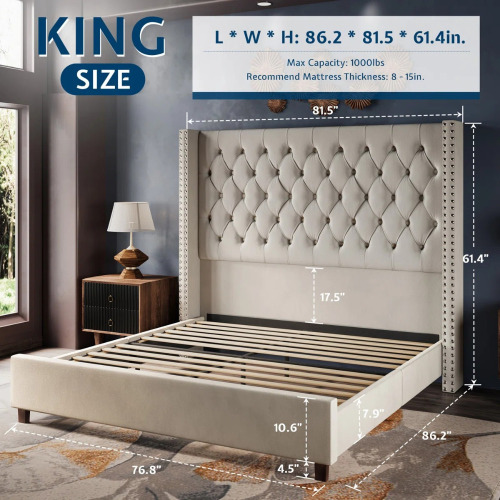 House of Hampton Bed Frame with 61.4" Tall Headboard Upholstered Velvet Platform Bed, King Size, Cream, New Open Box $599