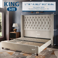House of Hampton Bed Frame with 61.4" Tall Headboard Upholstered Velvet Platform Bed, King Size, Cream, New Open Box $599