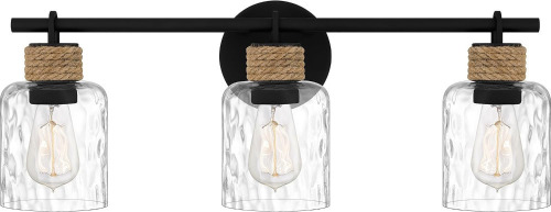 Quoizel Baltic 24" 3-Light Coastal Vanity Light, Matte Black | Clear Water Glass, Rope Detail, ETL Damp Rated New In Box $299