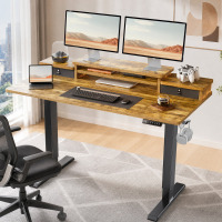 17 Stories 48" Electric Adjustable Standing Desk with Dual-Tier Monitor Shelf, 4 Memory Presets, and 2 Drawers - Vintage Brown New In Box $499
