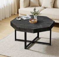 Latitude Run&reg; Vintage Octagonal Wood Coffee Table with Patchwork Tabletop & Cross Metal Legs, Farmhouse Style (Antique Black), 30 Inch New In Box $499