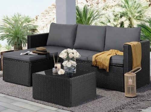 Ebern Designs 3 Piece Outdoor Sectional Patio Sofa, All-Weather Wicker Rattan Outdoor Furniture Set With Glass Table And Cushions New in Box $899