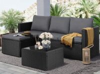 Ebern Designs 3 Piece Outdoor Sectional Patio Sofa, All-Weather Wicker Rattan Outdoor Furniture Set With Glass Table And Cushions New in Box $899