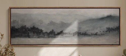Lark Manor&trade; Framed Canvas Wall Art - Misty Mountain Landscape with Soft Neutral Foggy Layers - 20" H x 60" W New In Box $299