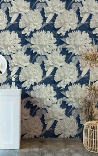 Lark Manor&trade; Floral Peony Wallpaper Textured Peel And Stick Navy Wall Mural, (30 Sq. Ft.) New In Box $199