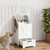 YUWVVCV White Dog Feeding Station with Storage & Bowls | Pet Food Cabinet, 2 Elevated Bowls, 3 Hooks, Glass Flip Cover, Anti-Tipping Device for Dogs New In Box $299