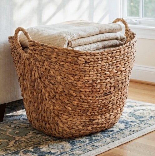 Birch Lane&trade; Cole and Grey Seagrass Handmade Large Woven Brown Decorative and Functional Storage Basket with Ring Handles New In Box $199