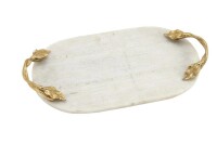 DecMode 20" x 10" White Marble Oval Leaf Tray with Gold Twisted Metal Handles, New In Box $79