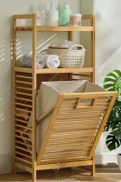 SAIBAIYEE Bamboo 2-Tier Laundry Storage Cabinet with Tilt-Out Basket New In Box $299