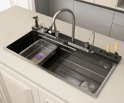 TELISIYA Multifunctional Kitchen Sink 39.4 x 19.7 x 9 Inch Stainless Steel Single Bowl Integrated Digital Display Waterfall Faucet Workstation Sink with Accessories $599