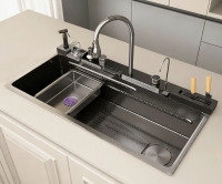 TELISIYA Multifunctional Kitchen Sink 39.4 x 19.7 x 9 Inch Stainless Steel Single Bowl Integrated Digital Display Waterfall Faucet Workstation Sink with Accessories $599