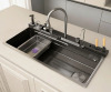 TELISIYA Multifunctional Kitchen Sink 39.4 x 19.7 x 9 Inch Stainless Steel Single Bowl Integrated Digital Display Waterfall Faucet Workstation Sink with Accessories $599