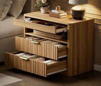 Millwood Pines 27" Nightstand with Charging Station, 2 Drawers & Open Storage, Bedside Table with Pull-Out Tray, Modern Bedroom End Table New in Box $399
