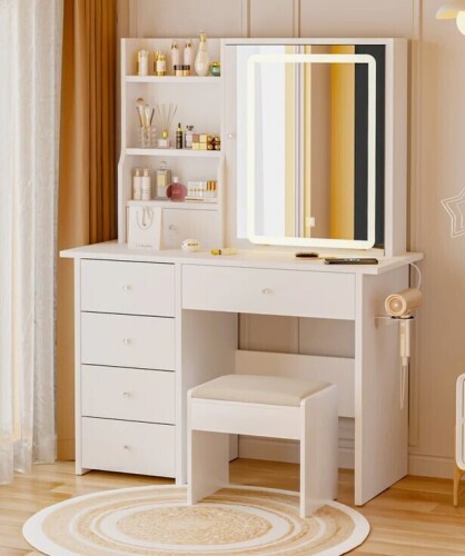 Red Barrel Studio&reg; Aullville Vanity Desk with Sliding Mirror and LED Lights & Charging Station with Stool New In Box $399