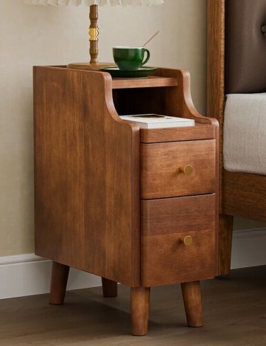 George Oliver Narrow Nightstand with Drawers, Pre-Assembled Solid Wood Small Skinny Night Stand with Open Sliding Shelf $299