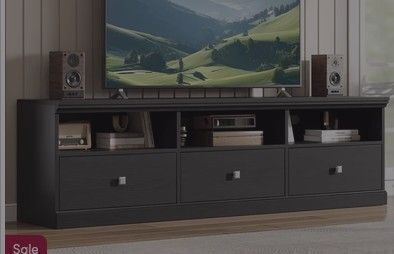 Winston Porter TV Stand for 65/70/75 Inch TV, Entertainment Center with Storage Drawer, Mid-Century Modern TV Console with Open Shelves, 70in Media TV Cabinet in Black in Box $499