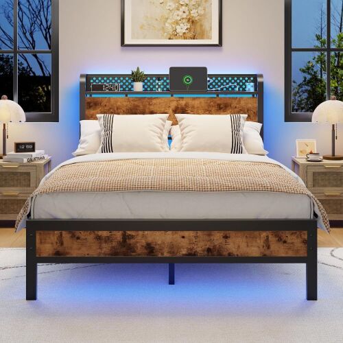 Furnulem Full Size Bed Frame with LED Lights, Industrial Storage Headboard with Charging Station, USB Port, Under Bed Storage, Wood Platform with Strong Metal Support, No Box Spring Needed, New in Box $499