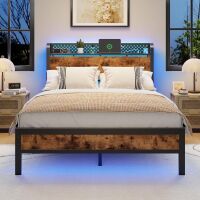 Furnulem Full Size Bed Frame with LED Lights, Industrial Storage Headboard with Charging Station, USB Port, Under Bed Storage, Wood Platform with Strong Metal Support, No Box Spring Needed, New in Box $499