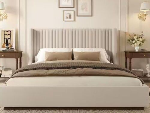 OrangeOne Buzio Dark Beige Solid Wood Frame King Size Upholstered Platform Bed with Wood Base $899