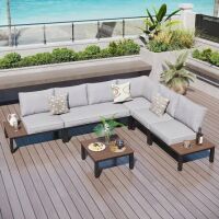 Phi Villa 6 -Seat 6-Piece Metal Outdoor Patio Conversation Sectional -Seating Set with Light Gray Cushions and Coffee Table (3 Boxes) New in Box Incomplete $1099