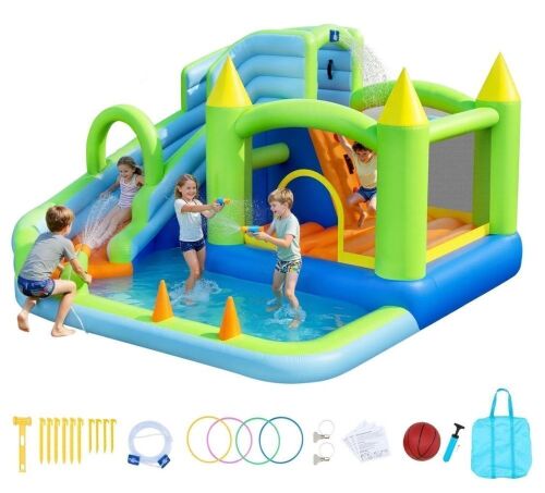 VEVOR 11.3 x 12.3 x 7.0 ft Inflatable Bounce House Water Slide, Bouncer Castle with Castle Bounces, Basketball Hoop, Splash Pool & Water Ring Toss, for 3 to 4 Kids Ages 3 to 8 (Blower Sold Separately) Similar to Picture New In Box $399