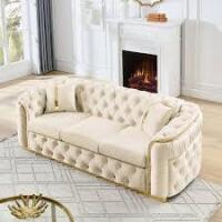 DAMAIFROM
62.5" Velvet Chesterfield Sofa with Tufted Back and Gold Accents, Beige
| Luxury beige and gold sofa features button tufting, high arms, plush 
velvet upholstery and 2 pillows (2 Boxes) New in Box $799
$799