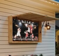 Foundry Select 48" Outdoor TV Protector Box with Adjustable Mount, Fits 44-55 in TVs Wooden Waterproof TV Enclosure with Cover in Natural New in Box $499