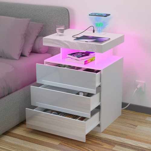Wade Logan Chappa Manufactured Wood Nightstand with Wireless Charging Station, LED Lights and 3 Drawers $299