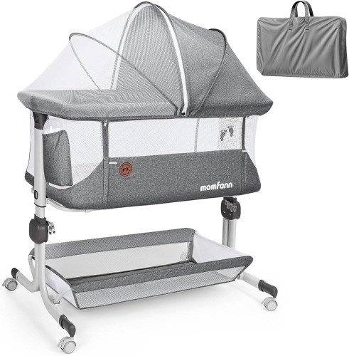 MOMFANN Baby Bassinet Bedside Sleeper with Full Mesh Sides | Upgraded Stability Bedside Crib with 6-Height Adjustment, Storage Basket, Soft Sheet, Easy Folding Portable Design, Gray New In Box $299