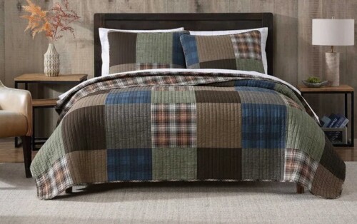Eddie Bauer 3-Piece King Size Classic Patchwork Cotton Reversible Green Quilt Set $299