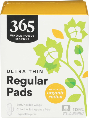 365 by Whole Foods Market, Ultra Thin Pads with Wings, Regular Absorbency, Made with Organic Cotton, 10 Count New In Box