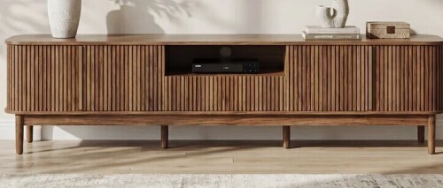 Ebern Designs 86.6" W Media Console Table with Sliding Door?Large TV Stand For Tvs Up To 85" For Living Room And Bedroom,Brown New Open Box $599