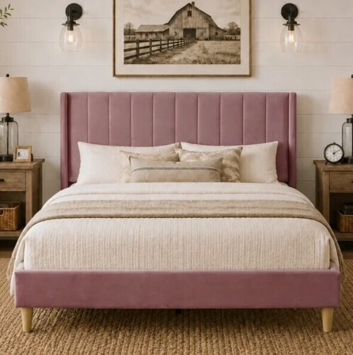 Wade Logan Eriksay Low Profile Upholstered Platform Bed with Wingback Headboard Queen Size New in Box $399