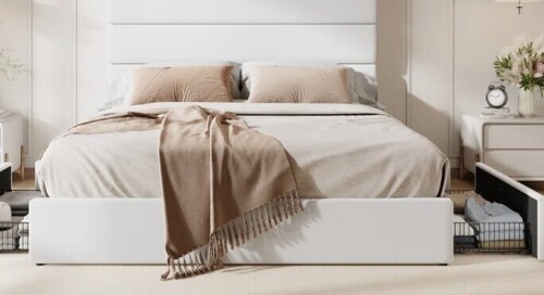Latitude Run King Size Modern Platform Bed Frame With 4 Storage Drawers And Velvet Upholstered Headboard in White New Open Box $699