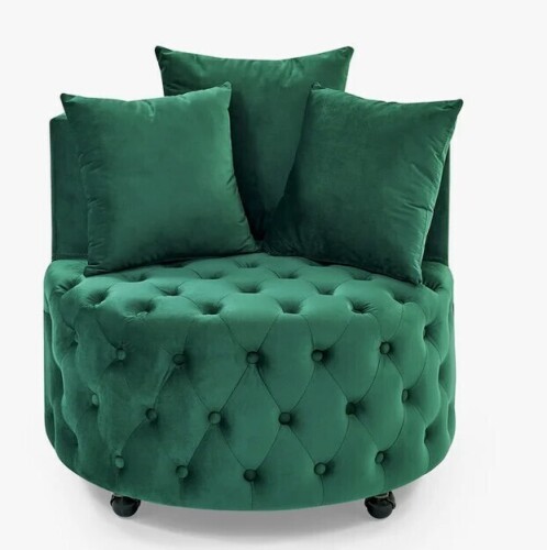 Everly Quinn 30" Wide Velvet Swivel Accent Chair, Tufted Barrel Chair with Wheels and 3 Pillows in Green New in Box $499