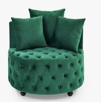 Everly Quinn 30" Wide Velvet Swivel Accent Chair, Tufted Barrel Chair with Wheels and 3 Pillows in Green New in Box $499